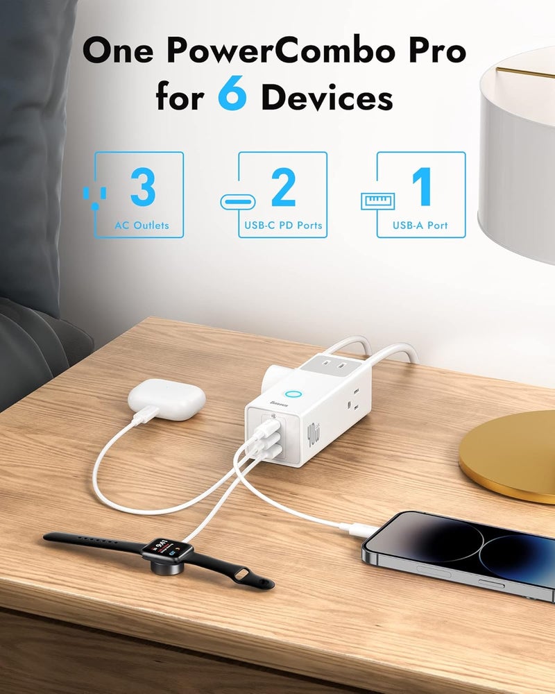 Baseus Power Strip Surge Protector 1200J - PD40W USB C Charger Extension Cord with 3 AC Outlets & 3 USB Port Fast Charging Charging Station for Office Dorm Room Home - Image 2